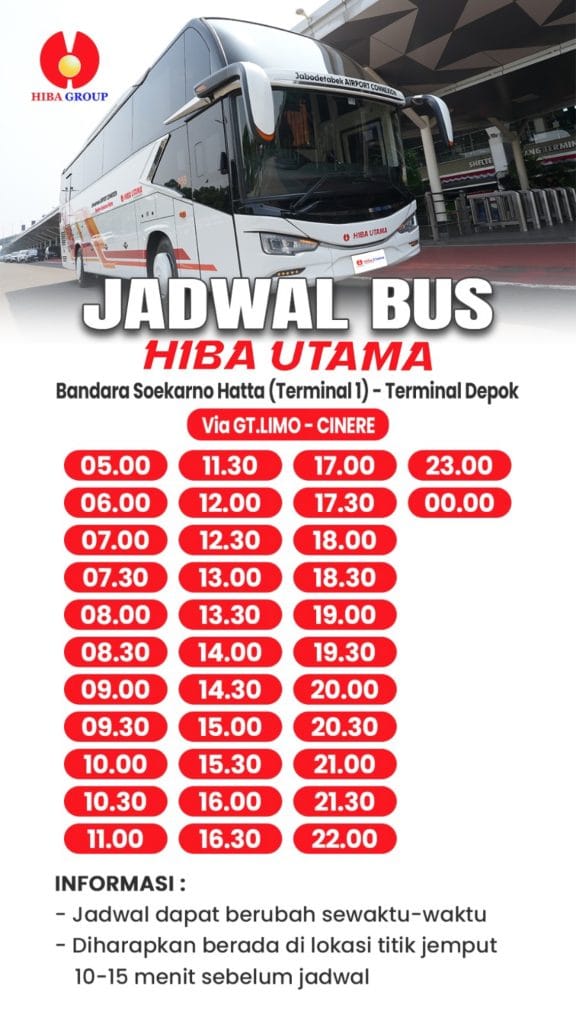 Jadwal Bus Hiba Utama Bandara Soekarno Hatta Terminal 1 ke Terminal Depok per 19 Mei 2026
