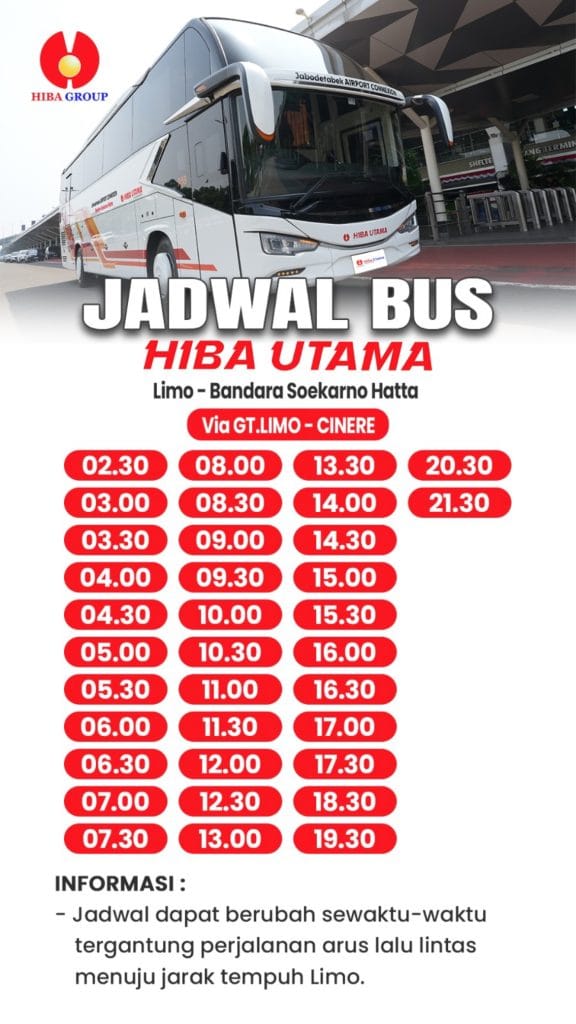 Jadwal Bus Hiba Utama Limo Depok ke Bandara Soekarno Hatta per 19 Mei 2026