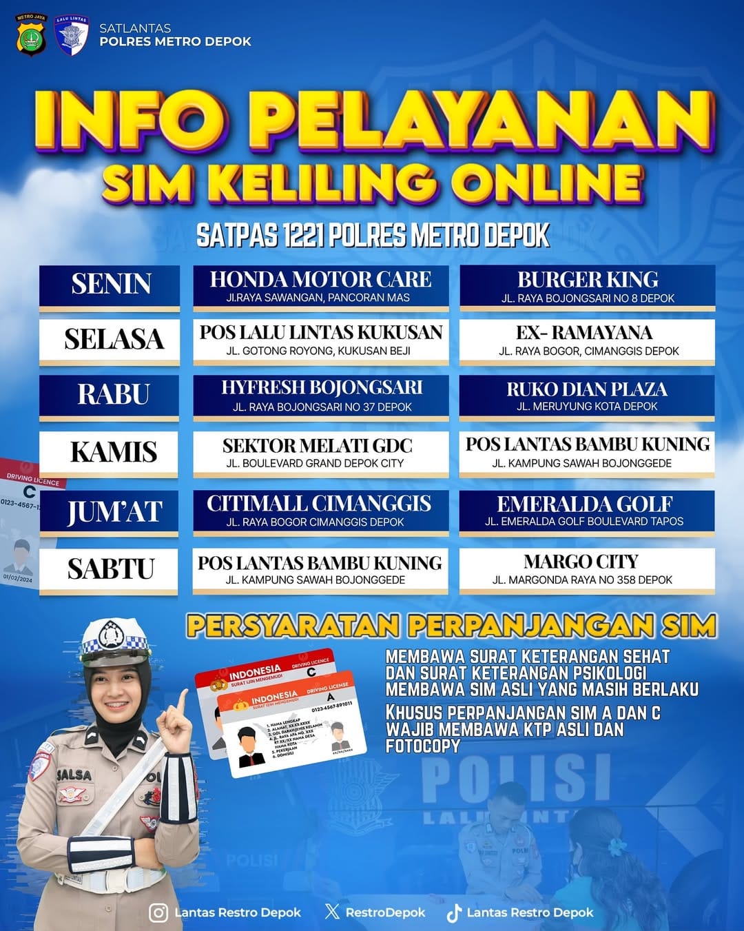 Jadwal Pelayanan SIM Keliling Online SATPAS 1221 Polres Metro Depok per 28 Oktober 2025