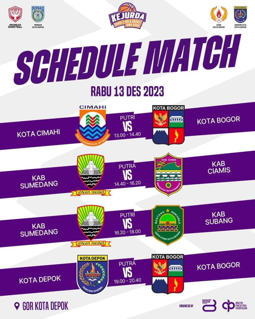 Jadwal Pertandingan KEJURDA Divisi 2 Bola Basket Jawa Barat (13 Desember 2023)