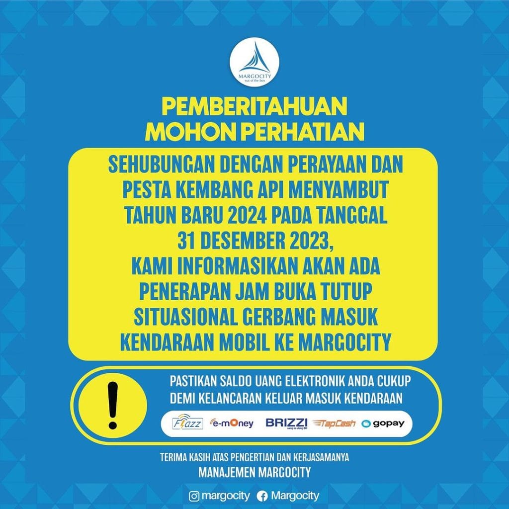 Penerapan Jam Buka Tutup Situasional Gerbang Masuk Kendaraan Mobil Margo City Depok Perayaan Tahun baru 2024