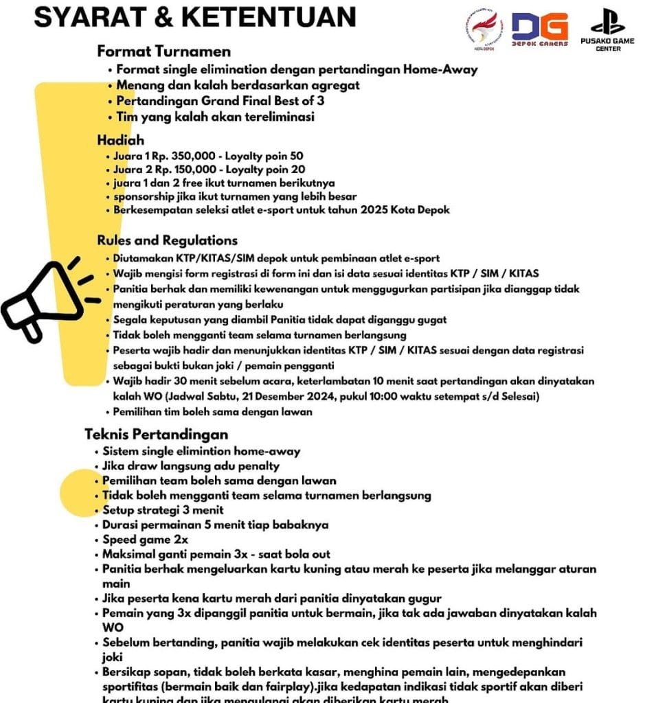 Syarat Ketentuan Turnamen E-Sport di PUSAKO Game Center Depok 21 Desember 2024