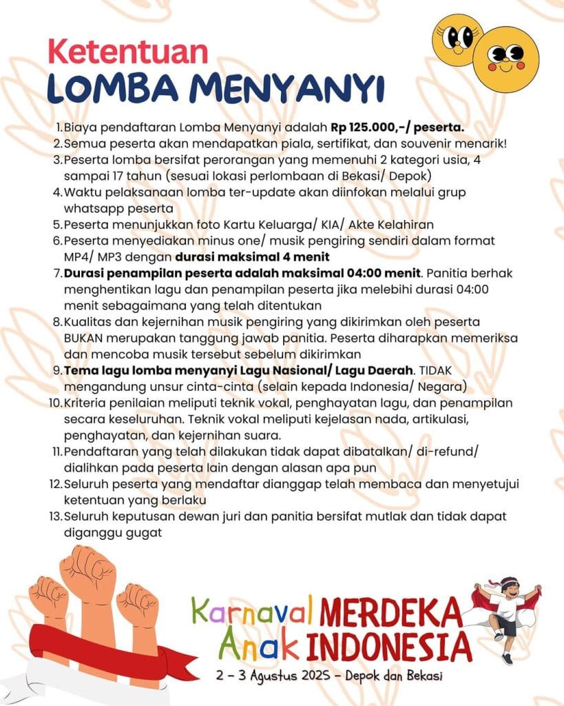 Lomba Menyanyi Karnaval Merdeka Anak Indonesia di Pesona Square Mall Depok 2 Agustus 2025