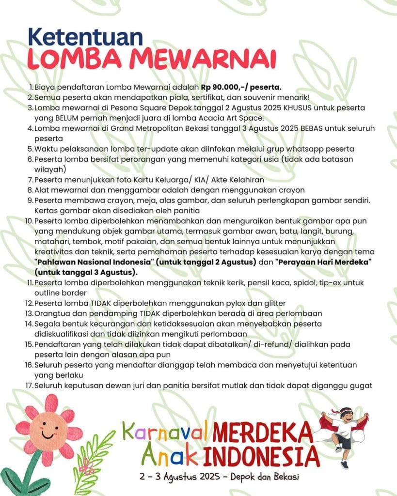 Lomba Mewarnai Karnaval Merdeka Anak Indonesia di Pesona Square Mall Depok 2 Agustus 2025
