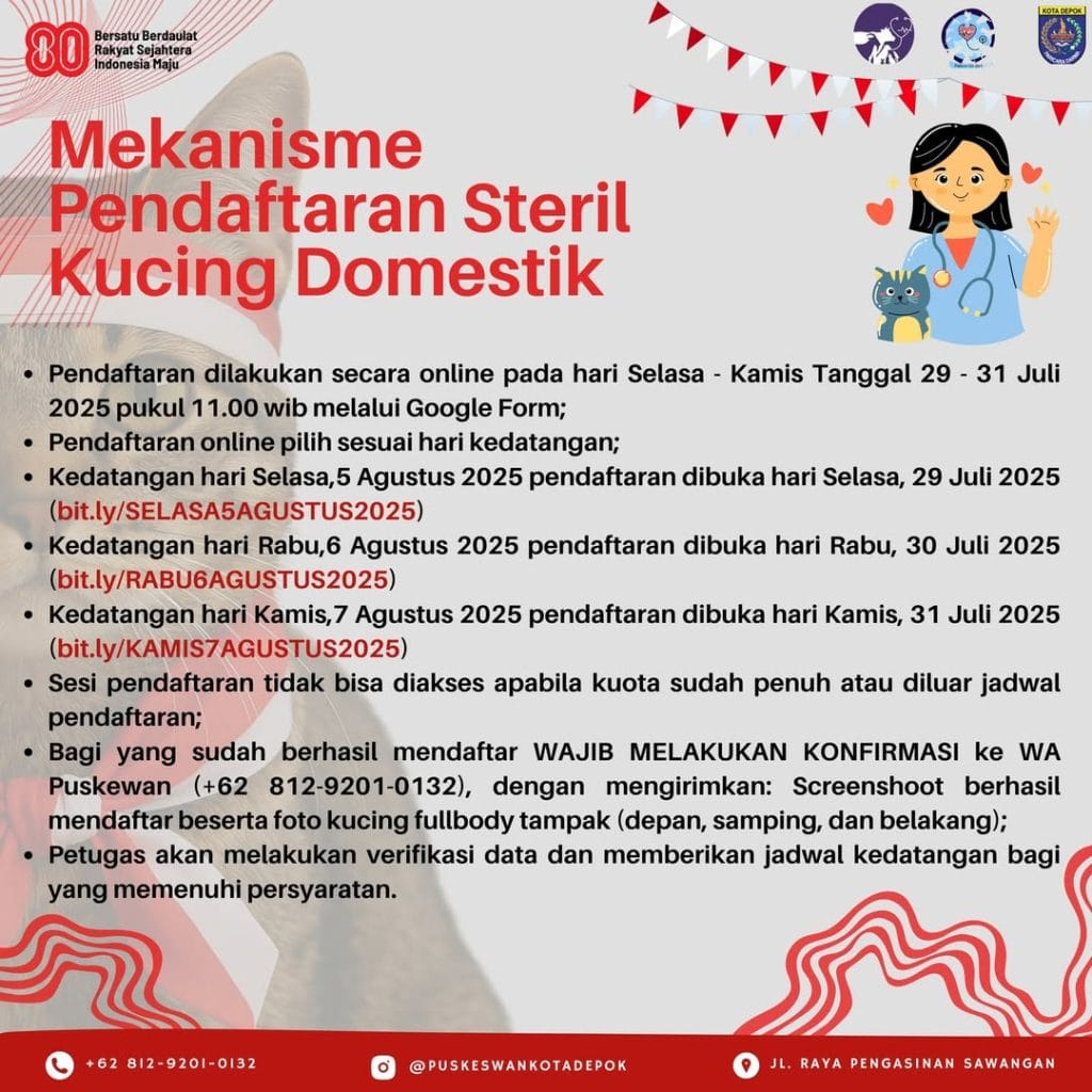 Mekanisme Pendaftaran Sterilisasi Kucing Domestik PUSKESWAN Depok Periode Agustus 2025