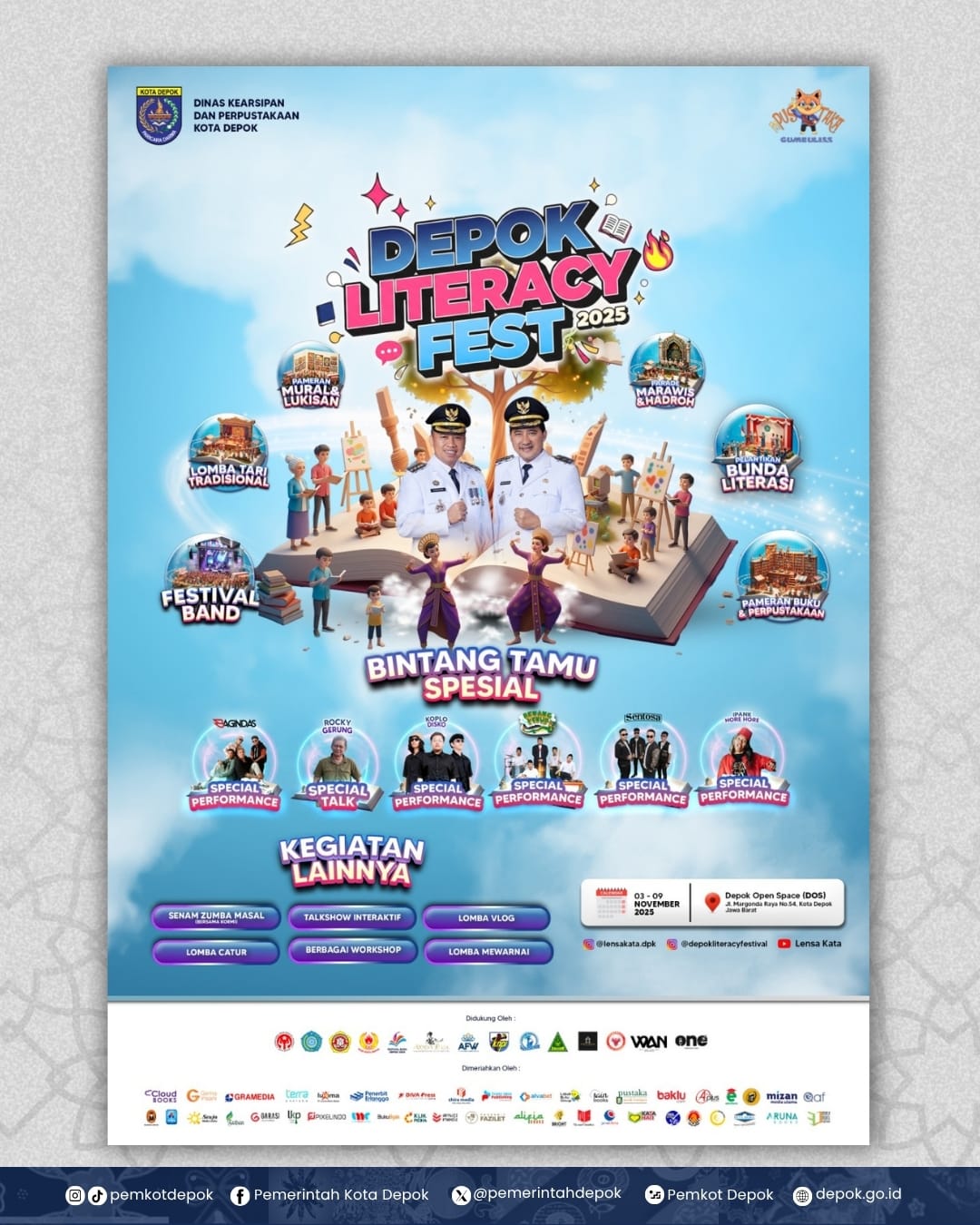 Poster Depok Literacy Fest 2025 di Depok Open Space dengan jadwal 3–9 November 2025