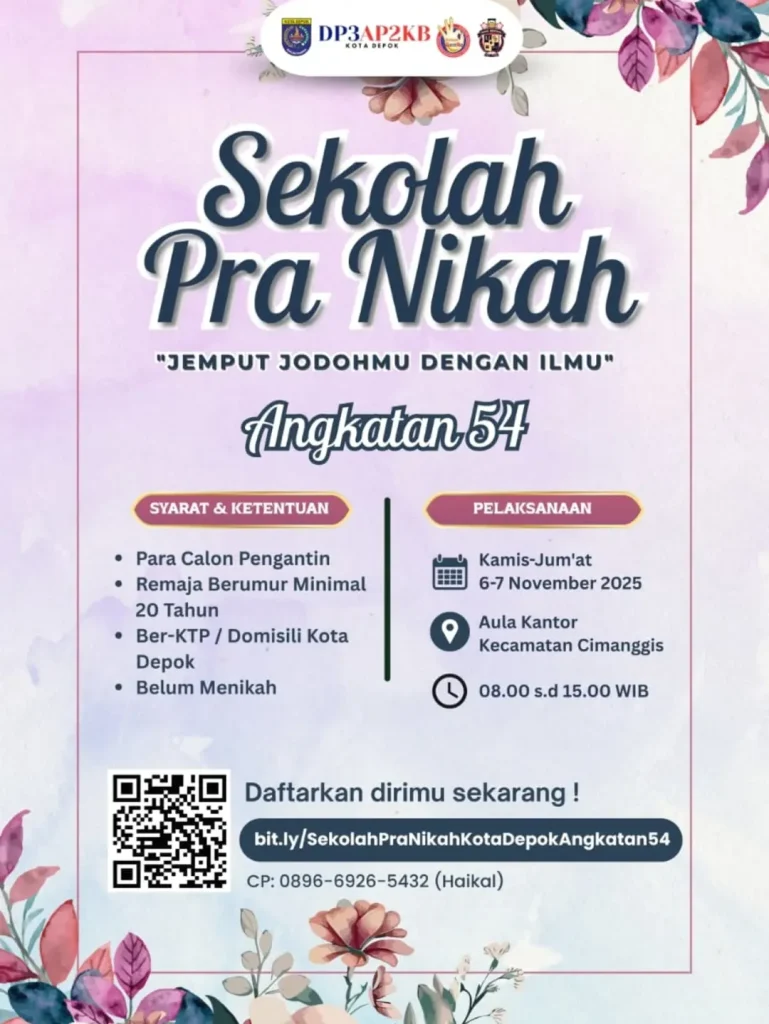 Poster Sekolah Pra Nikah DP3AP2KB Kota Depok Angkatan 54 berisi jadwal dan lokasi kegiatan edukasi pra nikah di berbagai kecamatan.
