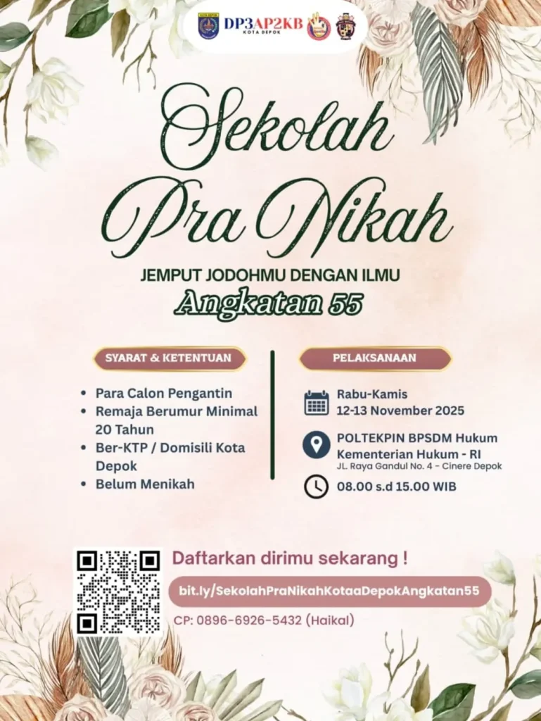 Poster Sekolah Pra Nikah DP3AP2KB Kota Depok Angkatan 55 berisi jadwal dan lokasi kegiatan edukasi pra nikah di berbagai kecamatan.