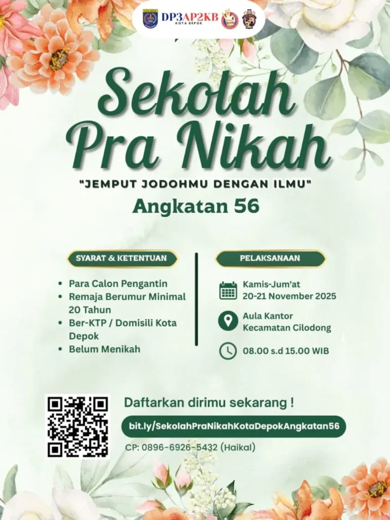 Poster Sekolah Pra Nikah DP3AP2KB Kota Depok Angkatan 56 berisi jadwal dan lokasi kegiatan edukasi pra nikah di berbagai kecamatan.