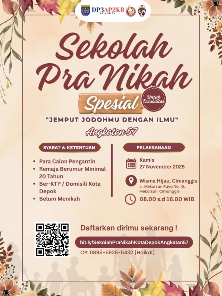Poster Sekolah Pra Nikah DP3AP2KB Kota Depok Angkatan 57 berisi jadwal dan lokasi kegiatan edukasi pra nikah di berbagai kecamatan.