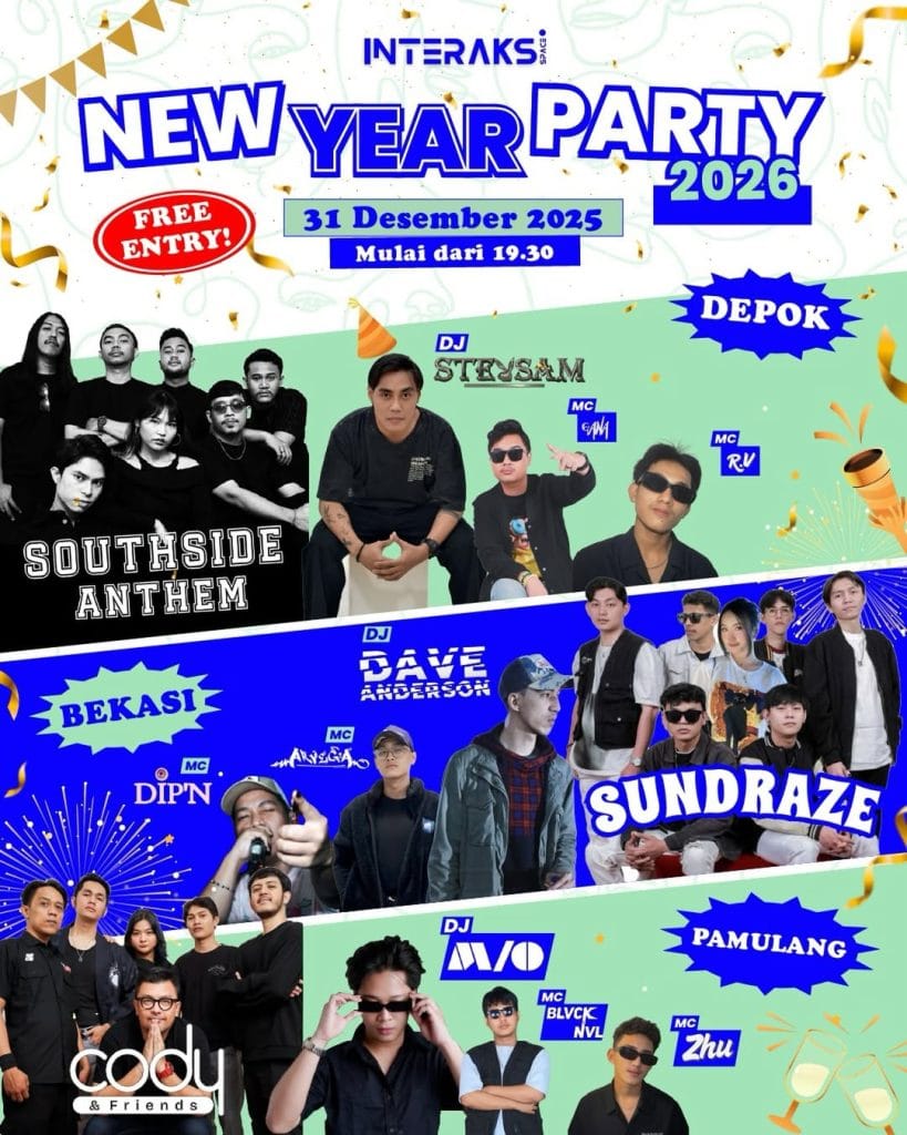Poster New Year Party 2026 di Interaksi Space yang menampilkan daftar penampil di outlet Depok, Bekasi, dan Pamulang