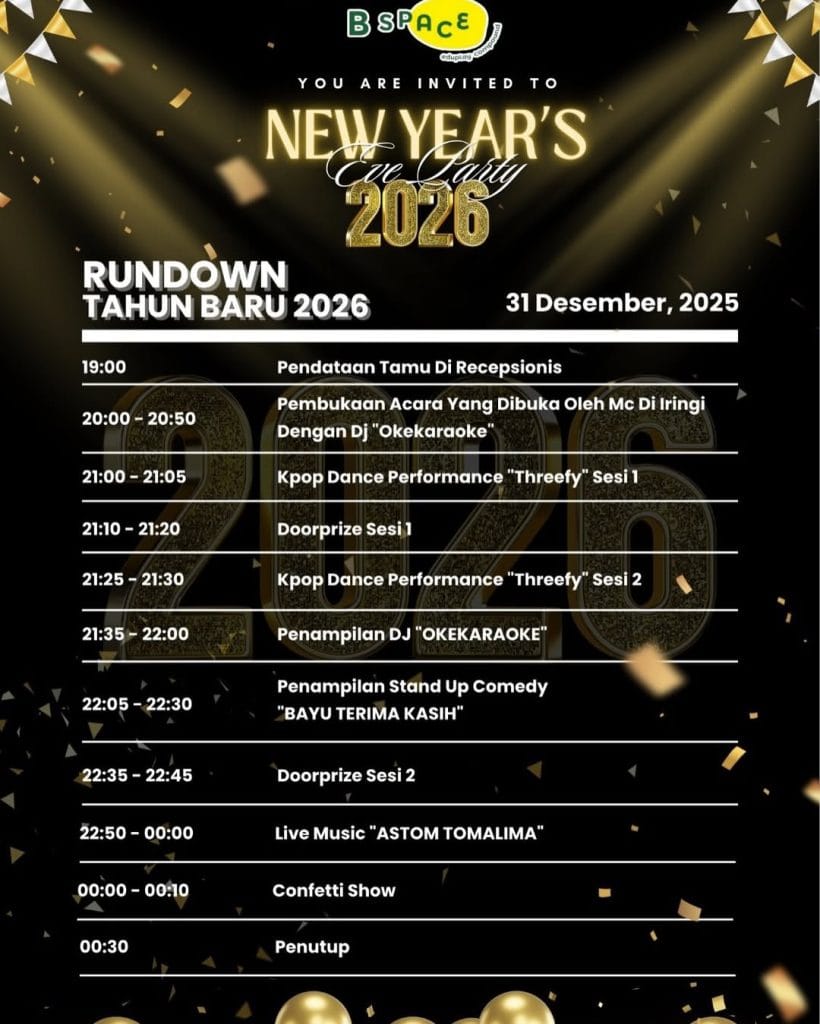 Rundown New Year's Eve Party 2026 di B Space Eduplay Compound Depok 31 Desember 2025