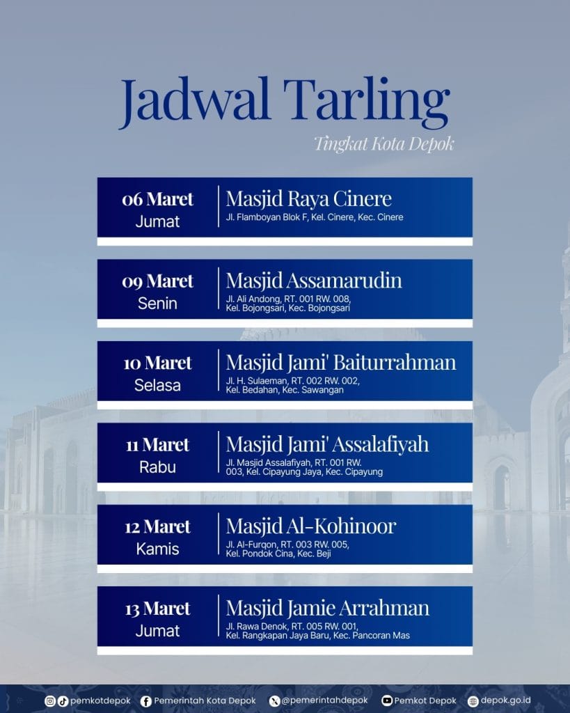 Jadwal lanjutan Tarawih Keliling Kota Depok 6–13 Maret 2026 di 11 kecamatan
