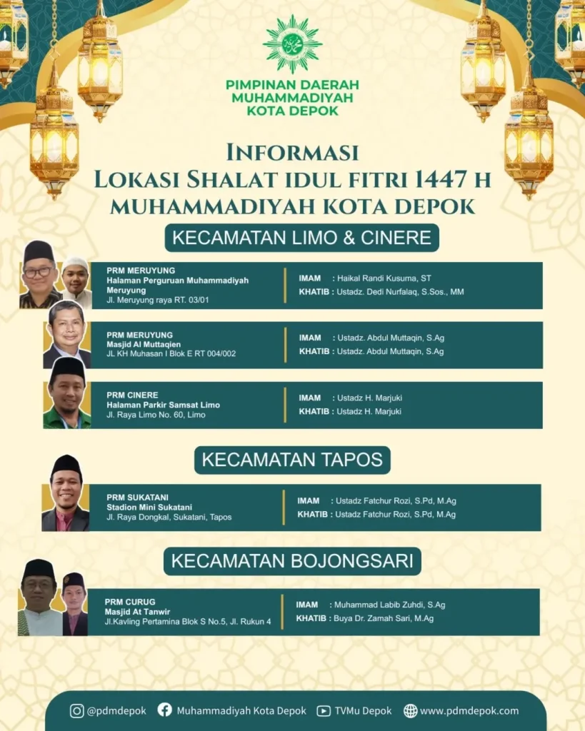 Lokasi Pelaksanaan Shalat Idul Fitri 1447 H Muhammadiyah Kecamatan Limo, Cinere, dan Tapos Kota Depok 20 Maret 2026
