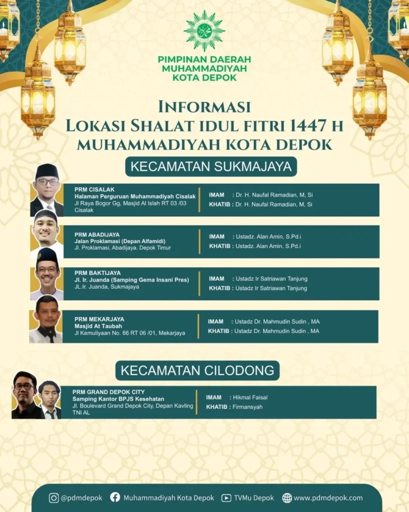 Lokasi Pelaksanaan Shalat Idul Fitri 1447 H Muhammadiyah Kecamatan Sukmajaya dan Cilodong Kota Depok 20 Maret 2026