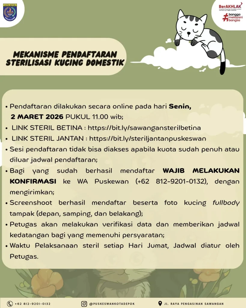 Mekanisme Pendaftaran Program Steril Kucing Domestik Puskeswan Sawangan Depok Bulan Maret 2026