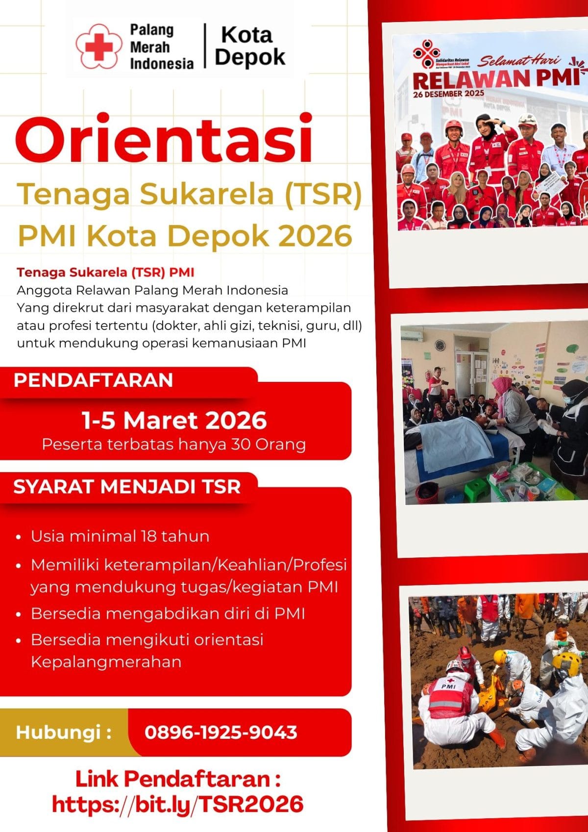 Poster informasi syarat dan link pendaftaran program orientasi Tenaga Sukarela (TSR) Palang Merah Indonesia (PMI) Kota Depok tahun 2026