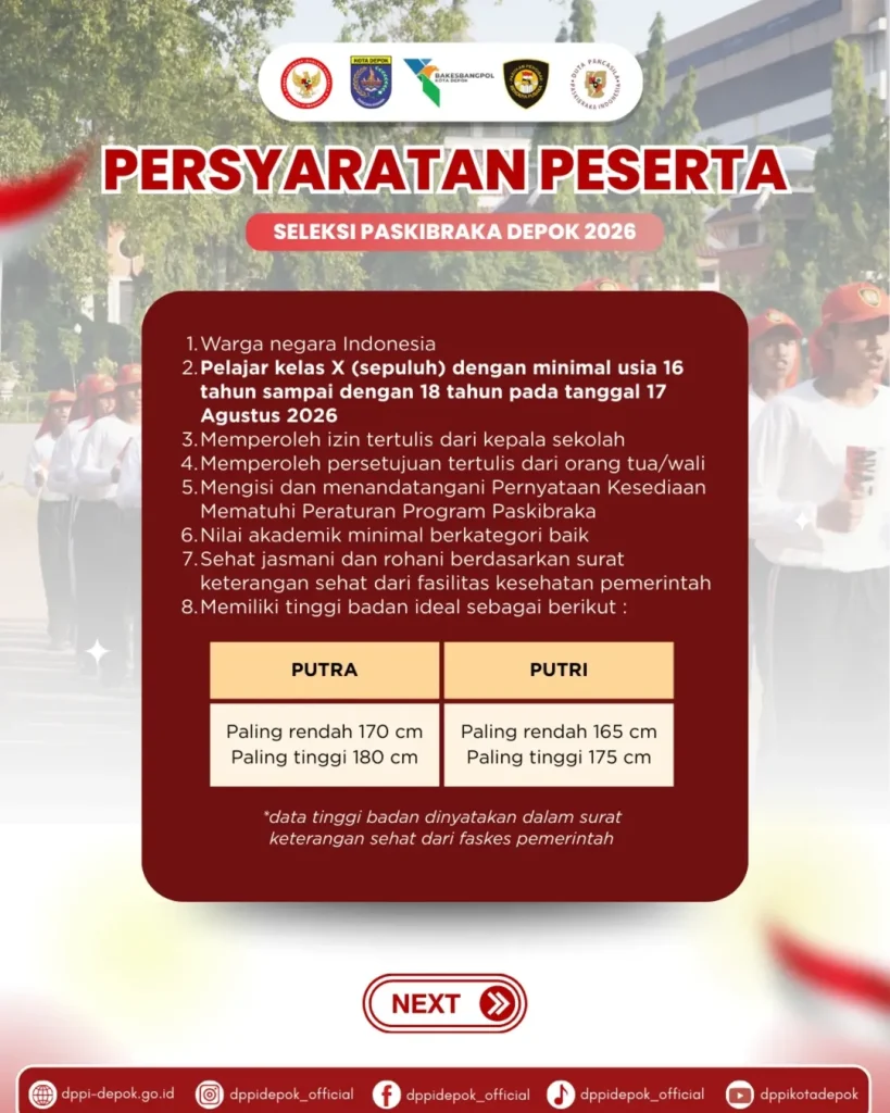 Persyaratan Peserta Seleksi Paskibraka Tingkat Kota Depok 2026 (Bagian 1)