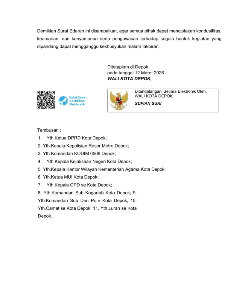 Surat Edaran Wali Kota Depok Imabuan Takbiran Idul Fitri 1447 H Page 2