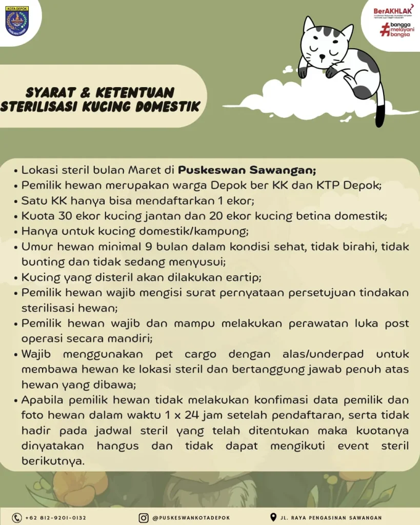 Syarat dan Ketentuan Program Steril Kucing Domestik Puskeswan Sawangan Depok Bulan Maret 2026