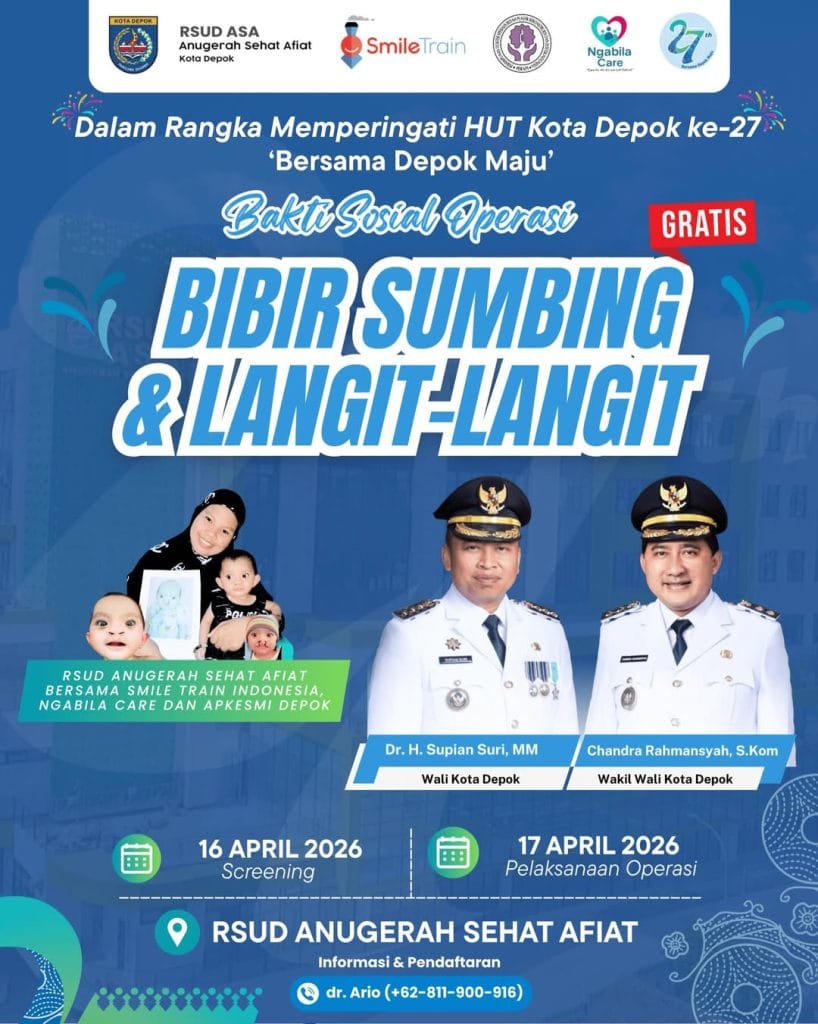 Poster informasi bakti sosial operasi bibir sumbing dan langit-langit gratis di RSUD Anugerah Sehat Afiat dalam rangka memperingati HUT ke-27 Kota Depok.