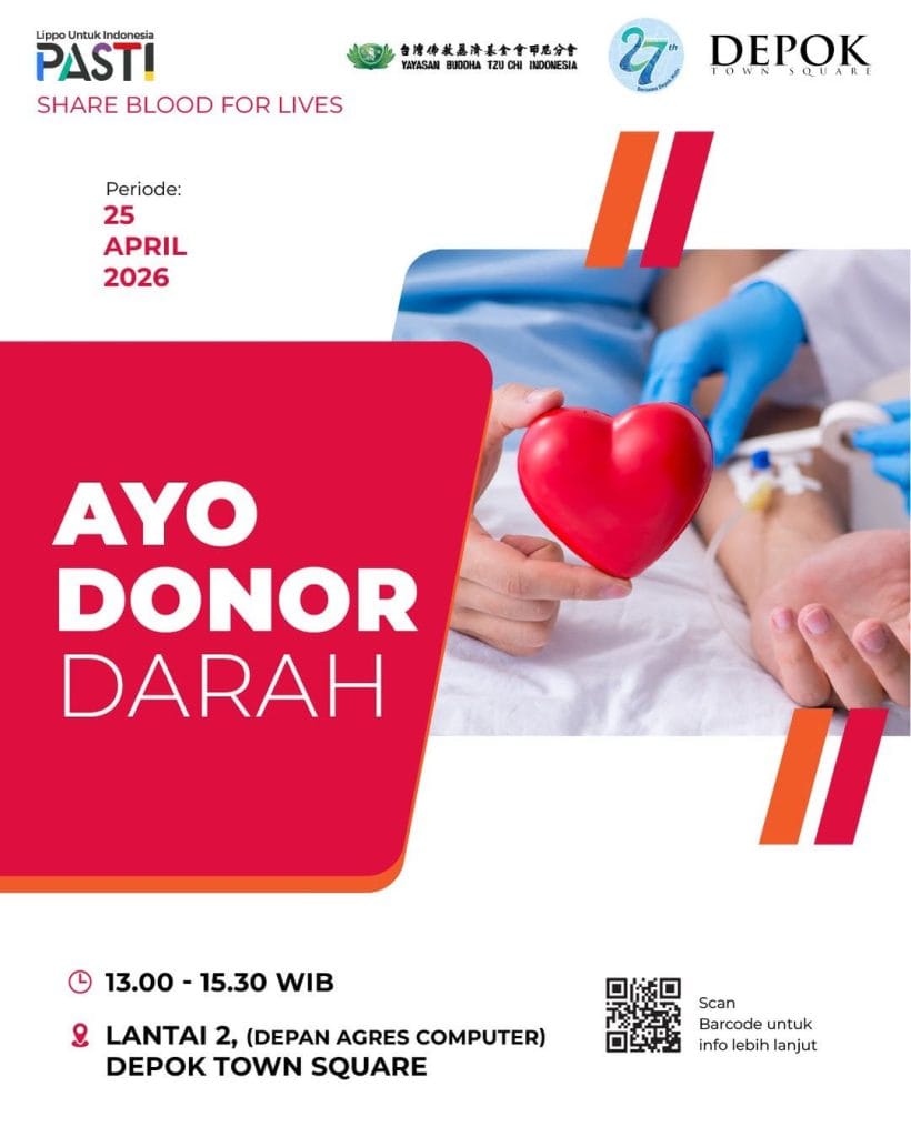 Poster informasi kegiatan aksi kemanusiaan donor darah di Depok Town Square (DETOS) dalam rangka menyambut HUT ke-27 Kota Depok pada 25 April 2026.