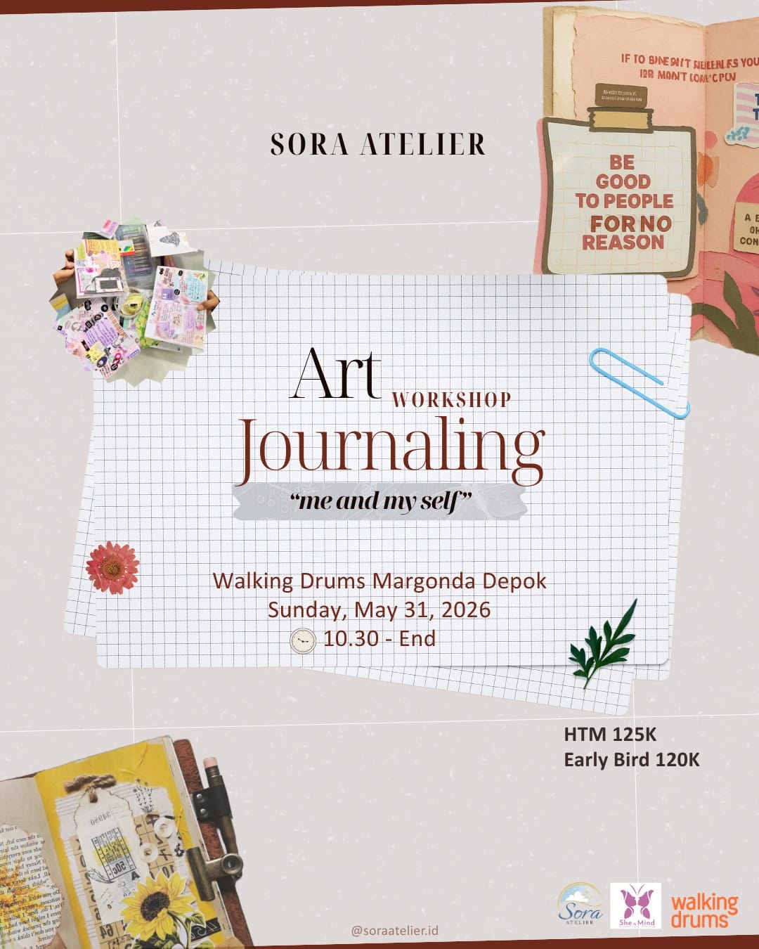 Poster Art Workshop Journaling bersama Sora Atelier di Walking Drums Margonda Depok