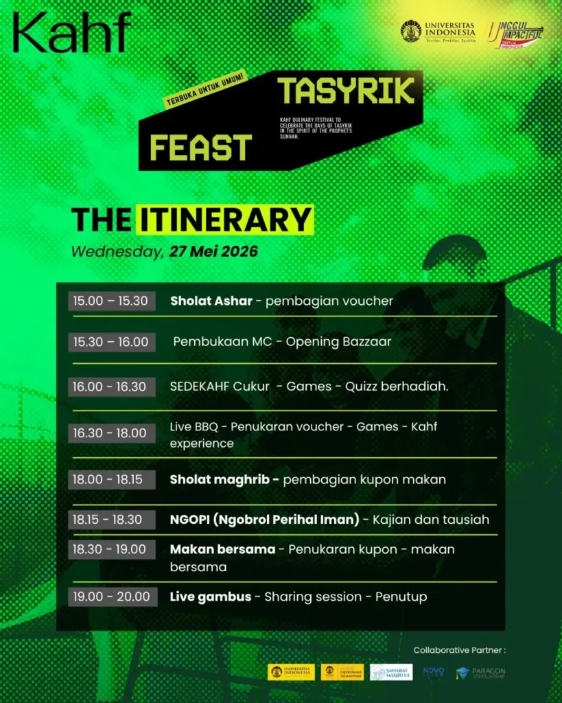 Poster jadwal acara Kahf Tasyrik Feast 2026 di Masjid Universitas Indonesia Depok
