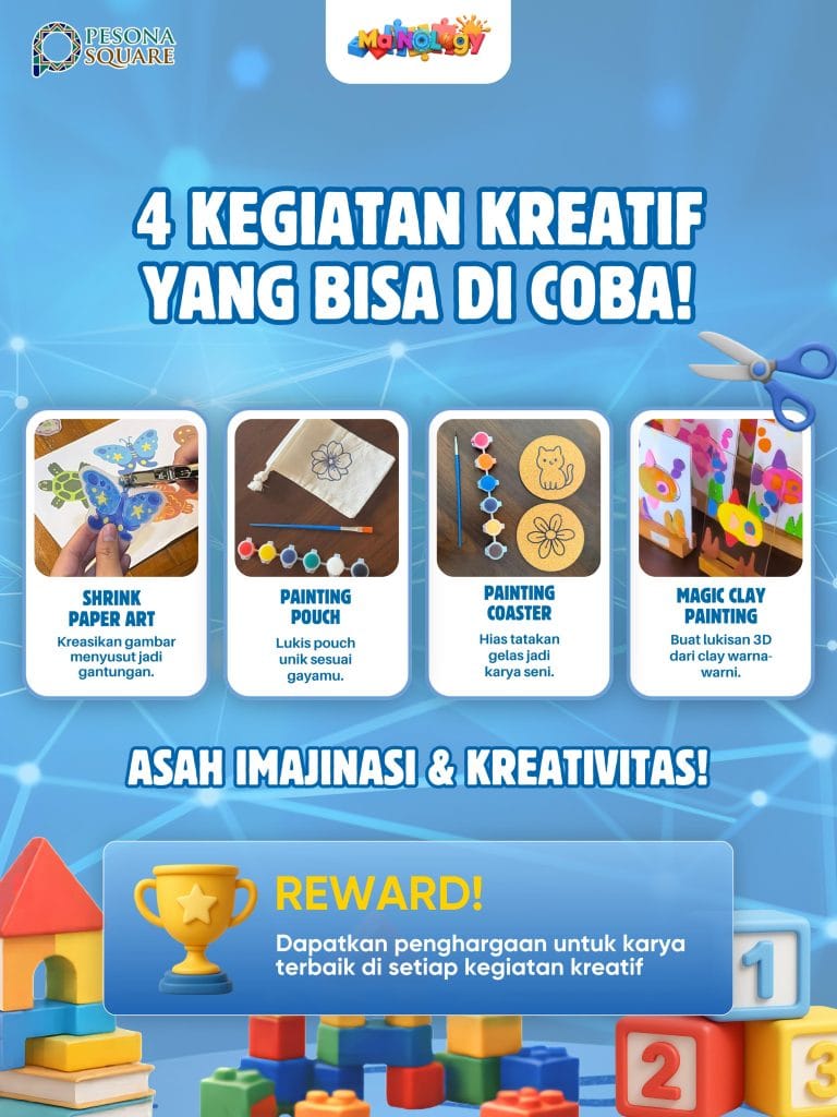 Empat kegiatan kreatif di Mainology 2026: Shrink Paper Art, Painting Pouch, Painting Coaster, dan Magic Clay Painting