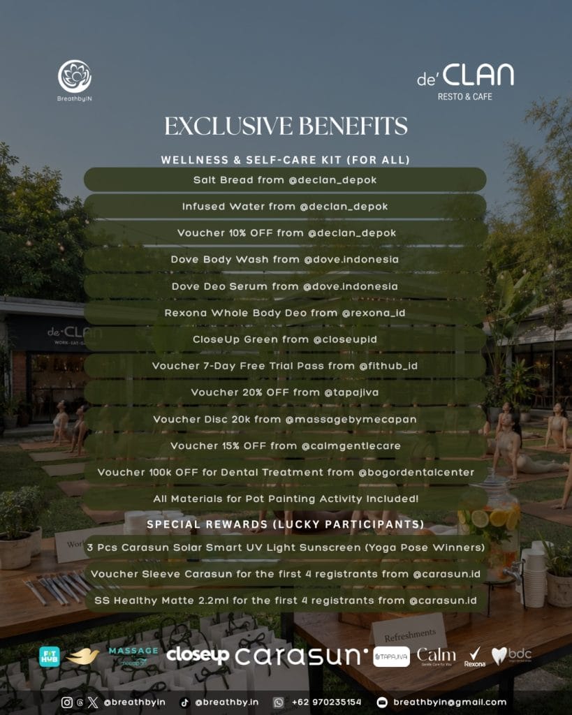 Daftar exclusive benefits untuk peserta Yoga and Creative Workshop Vol 3 di DeClan Tole Iskandar Depok
