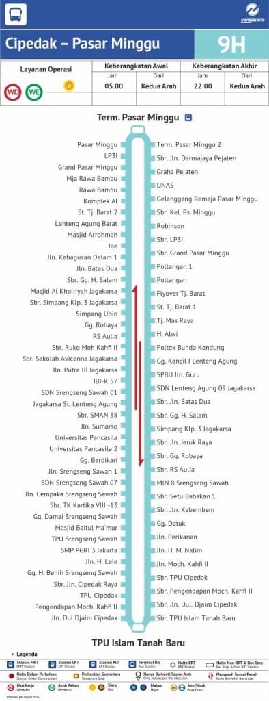 Infografis rute lengkap dan jadwal operasional Minitrans 9H rute Cipedak - Pasar Minggu