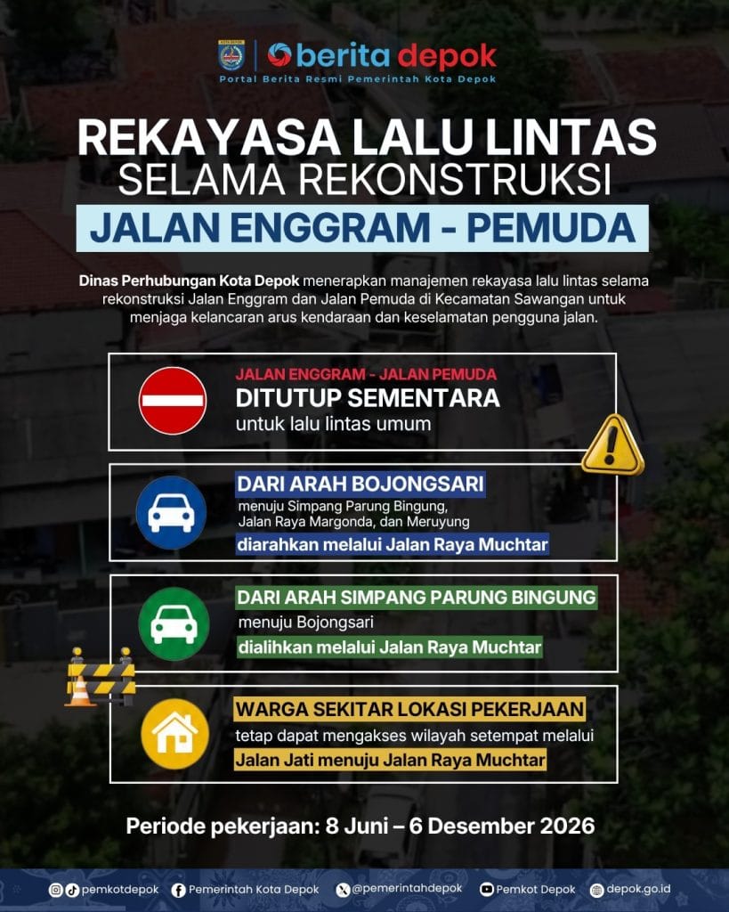 Infografis panduan rekayasa lalu lintas selama proyek rekonstruksi Jalan Enggram - Pemuda, Kecamatan Sawangan