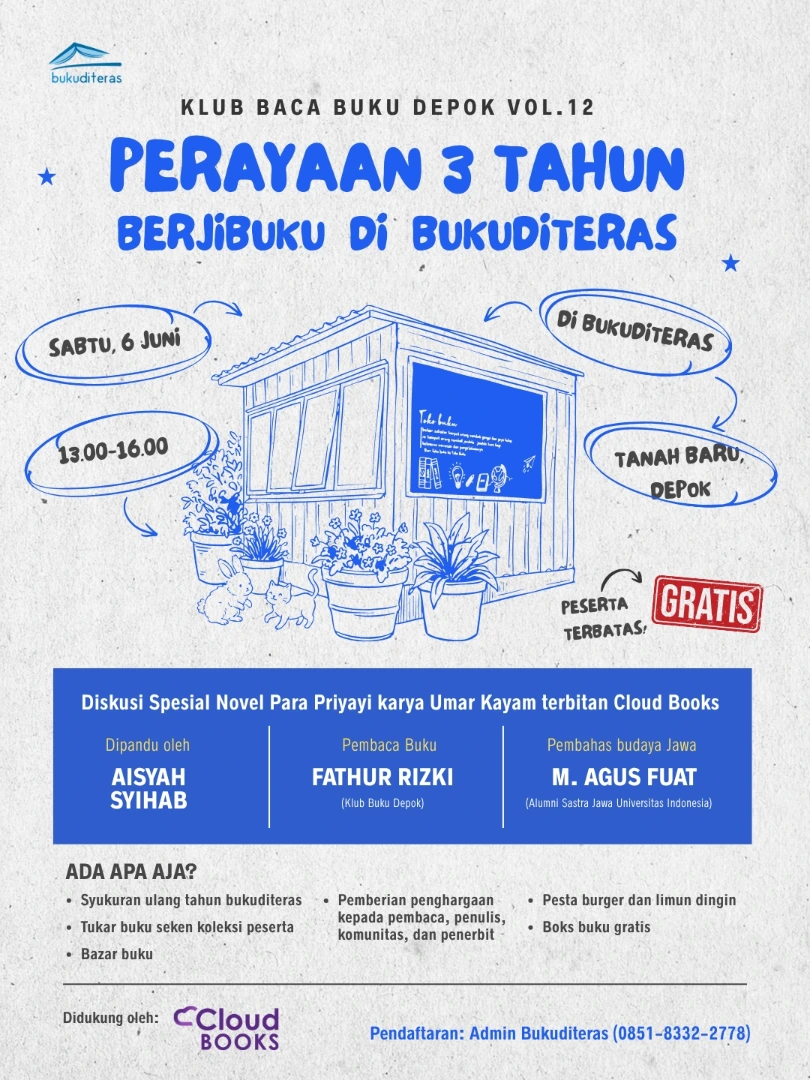 Poster informasi Perayaan 3 Tahun Bukuditeras dan kegiatan Klub Baca Buku Depok Vol. 12 pada tanggal 6 Juni di Tanah Baru.