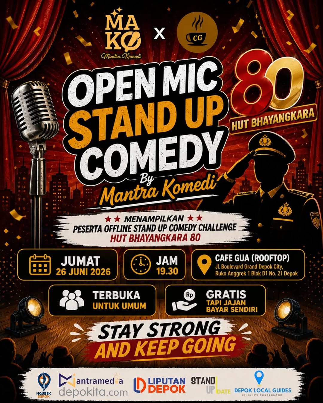 Featured image for “Mantra Komedi Gelar Open Mic Stand Up Comedy Spesial HUT ke-80 Bhayangkara di Cafe Gua Depok”