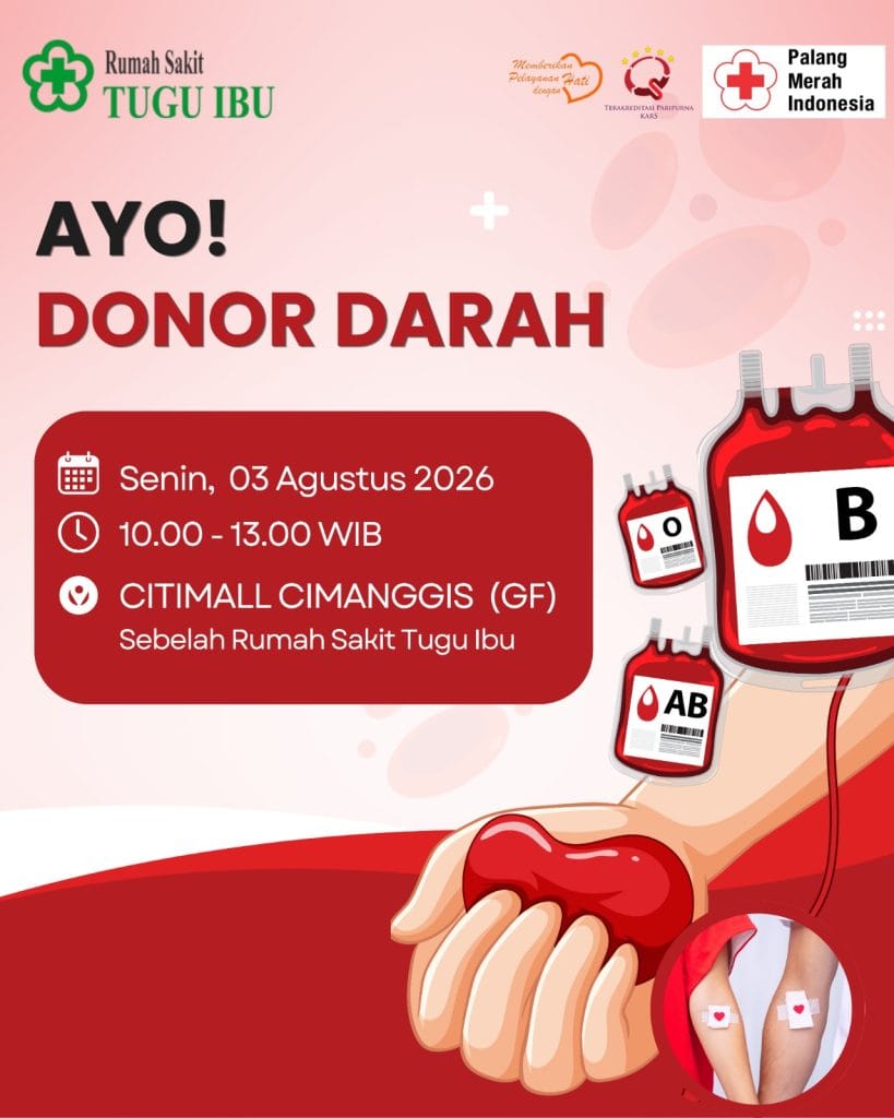 Poster informasi kegiatan Ayo Donor Darah yang diselenggarakan oleh Rumah Sakit Tugu Ibu bersama PMI di Lantai GF Citimall Cimanggis pada 3 Agustus 2026.