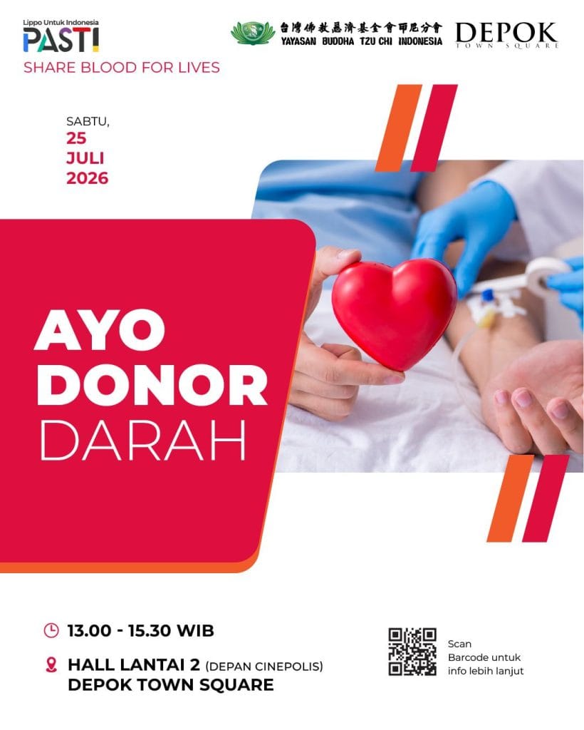 Poster promosi kegiatan aksi kemanusiaan donor darah di Hall Lantai 2 Depok Town Square (DETOS) pada Sabtu, 25 Juli 2026