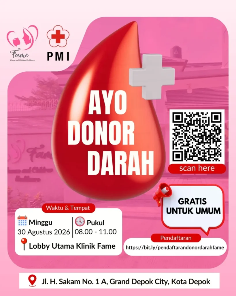 Poster informasi acara gratis untuk umum Ayo Donor Darah oleh Klinik FAME dan PMI di Grand Depok City pada 30 Agustus 2026