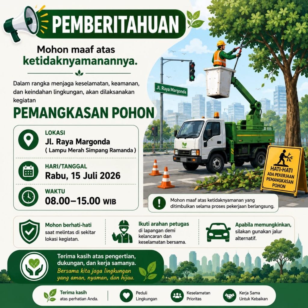 Info Lalu Lintas Pemangkasan Pohon di Jalan Margonda Raya 15 Juli 2026.jpg : Poster pemberitahuan kegiatan pemangkasan pohon di Jalan Raya Margonda Simpang Ramanda pada tanggal 15 Juli 2026 oleh Bidang Tata Lingkungan dan Konservasi Kota Depok