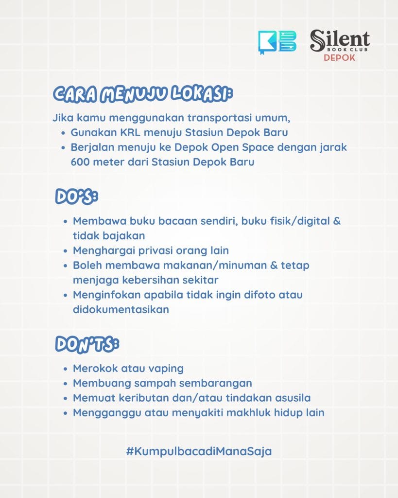 Informasi cara menuju lokasi, Do's, dan Don'ts untuk peserta Kumpulbaca di Depok Open Space