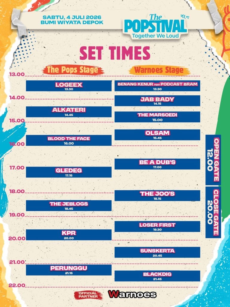 Jadwal rundown atau set times The Pops Stage dan Warnoes Stage di The Popstival Vol. 2 Depok