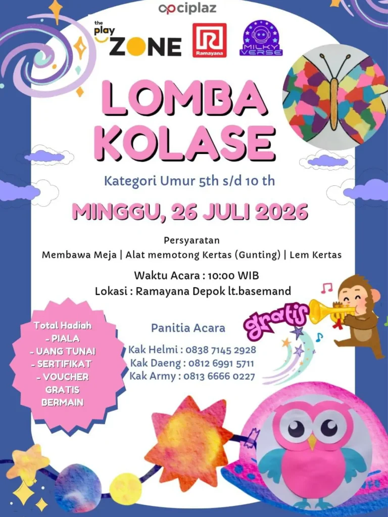 Poster informasi kegiatan Lomba Kolase Anak gratis dari The Play Zone dan Milky Verse di lantai basement Ramayana Ciplaz Depok pada Minggu, 26 Juli 2026