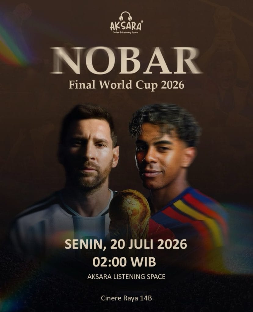 Poster Nonton Bareng Nobar Final Piala Dunia 2026 di Aksara Coffee & Listening Space Cinere