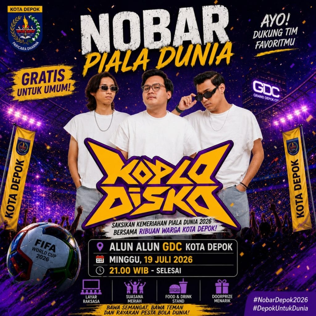 Poster acara gratis Nobar Final Piala Dunia 2026 di Alun-Alun Timur Grand Depok City dimeriahkan oleh Koplo DIsko