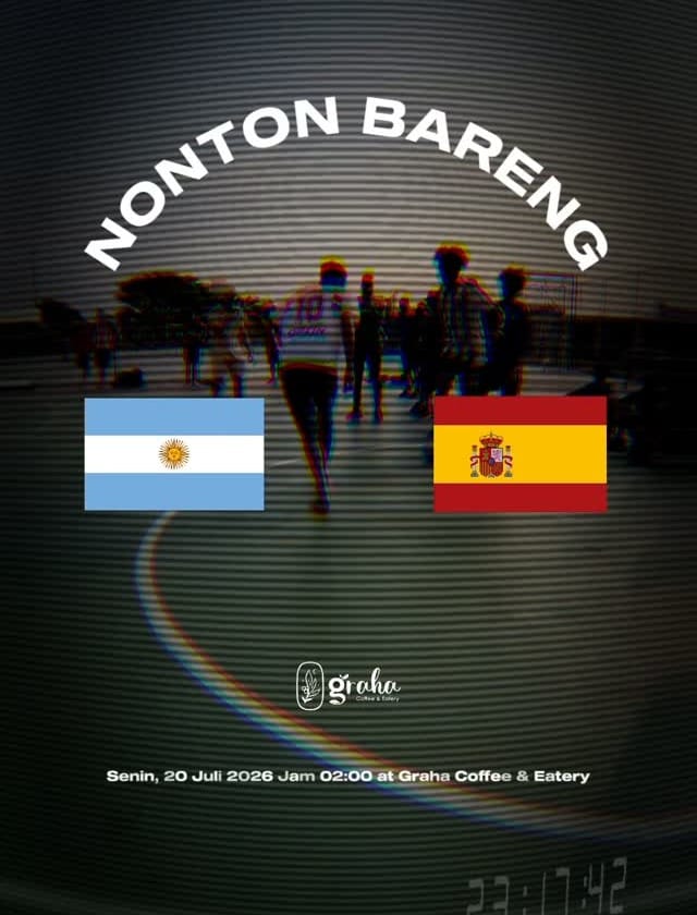 Poster nobar Final Piala Dunia 2026 Spanyol vs Argentina di Rooftop Graha Coffee & Eatery Depok