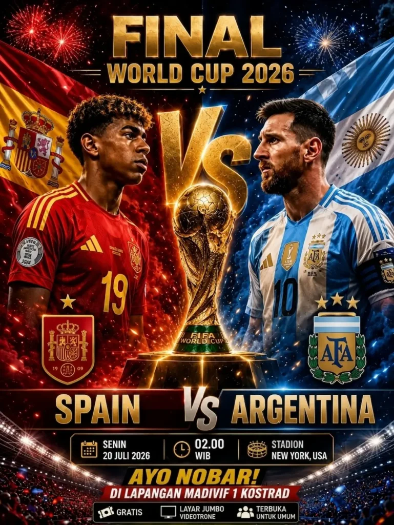 Poster Nonton Bareng Final FIFA World Cup 2026 gratis dengan layar videotron di Lapangan Madivif 1 Kostrad Cilodong Depok