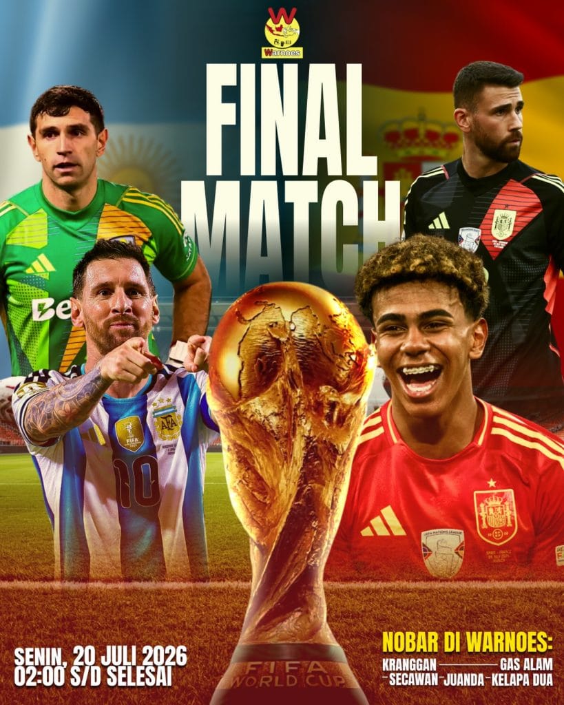 Poster promosi Nobar Final Piala Dunia 2026 di seluruh cabang Warnoes Depok