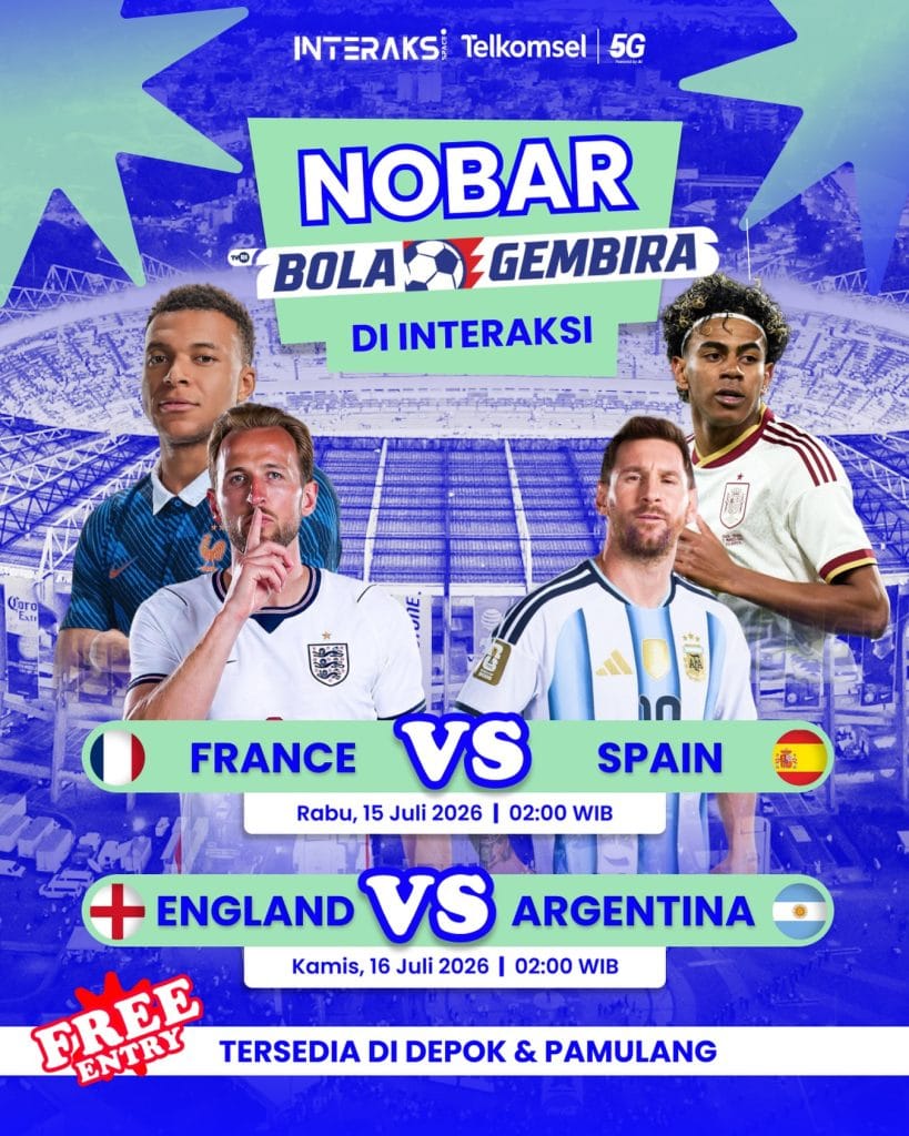 Poster Nobar Bola Gembira Semifinal Piala Dunia 2026 gratis di Interaksi Space Depok