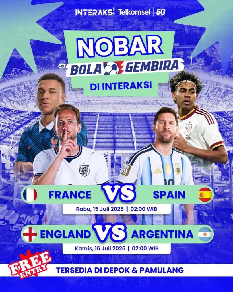 Poster Nobar Bola Gembira Semifinal Piala Dunia 2026 gratis di Interaksi Space Depok