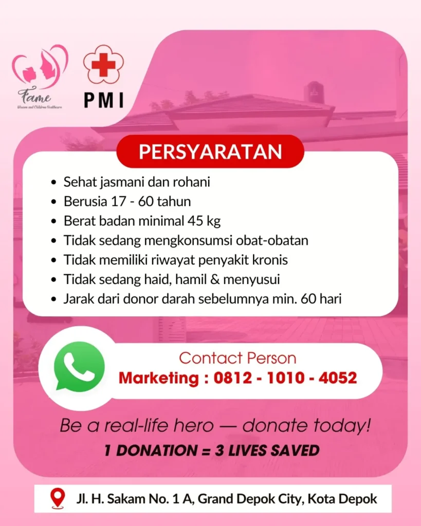 Infografis daftar persyaratan kesehatan bagi calon peserta aksi donor darah di Klinik FAME Depok