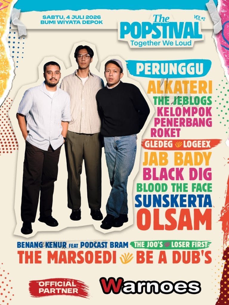 Poster Lineup utama The Popstival Vol. 2 menampilkan Perunggu, KPR, The Jeblogs, dan band lainnya di Bumi Wiyata Depok
